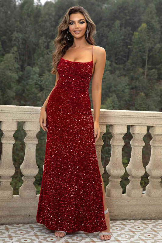 Sequin Backless Split Maxi Dress | Sugarz Chique Boutique