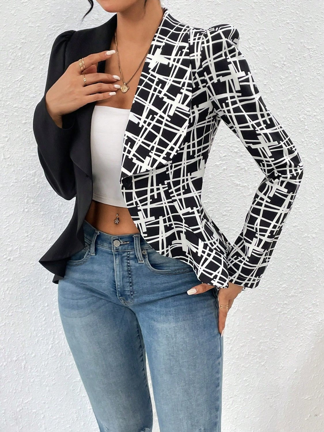 Printed Collared Neck Long Sleeve Blazer | Sugarz Chique Boutique