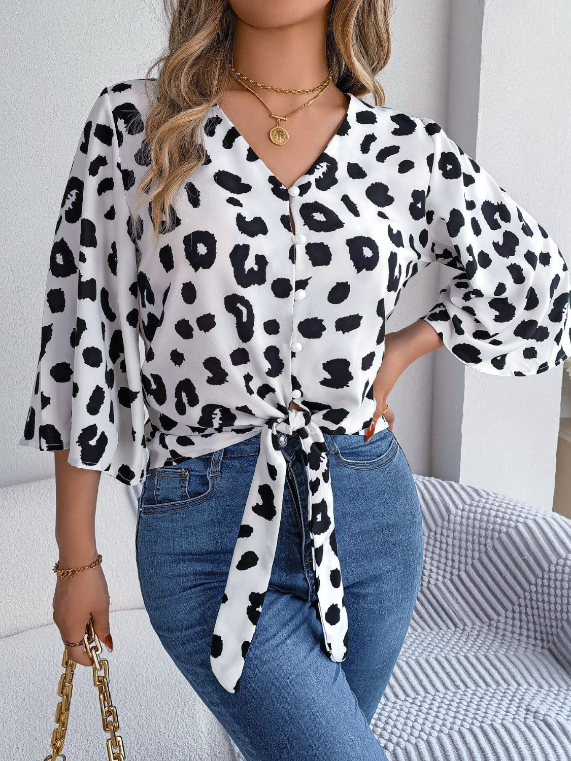 Tied Button Up Leopard V-Neck Blouse | Sugarz Chique Boutique