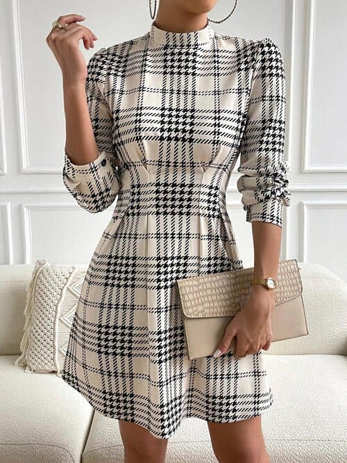 Houndstooth Mock Neck Cinched Mini Dress | Sugarz Chique Boutique