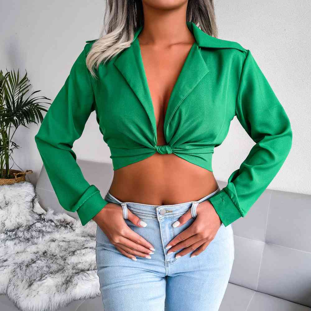 Knot Detail Collared Cropped Top | Sugarz Chique Boutique