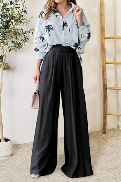 Pocketed Dropped Shoulder Shirt and Wide Leg Pants Set | Sugarz Chique Boutique