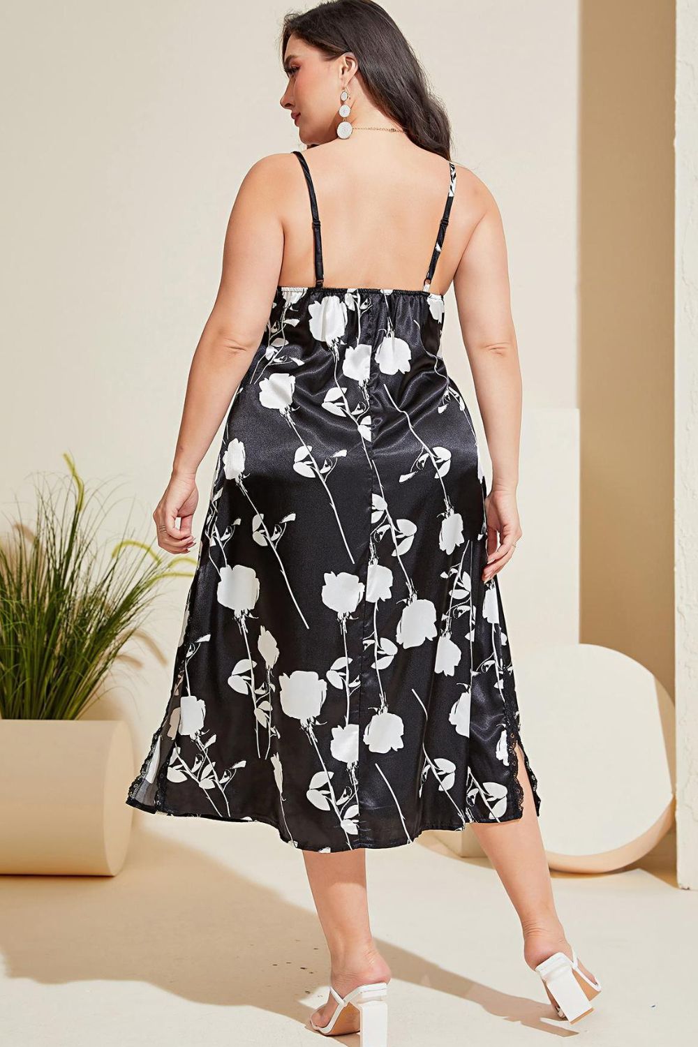 Plus Size Floral Lace Trim Side Slit Night Dress | Sugarz Chique Boutique