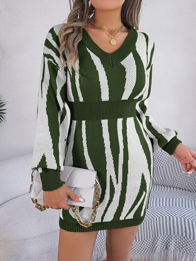 Animal Print V-Neck Long Sleeve Sweater Dress | Sugarz Chique Boutique