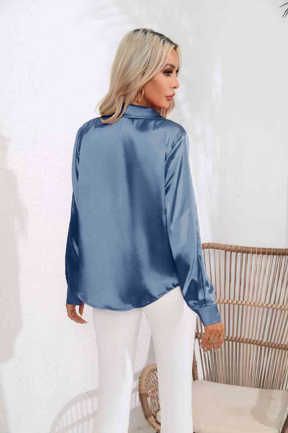 Lapel Collar Button Up Long Sleeve Shirt | Sugarz Chique Boutique