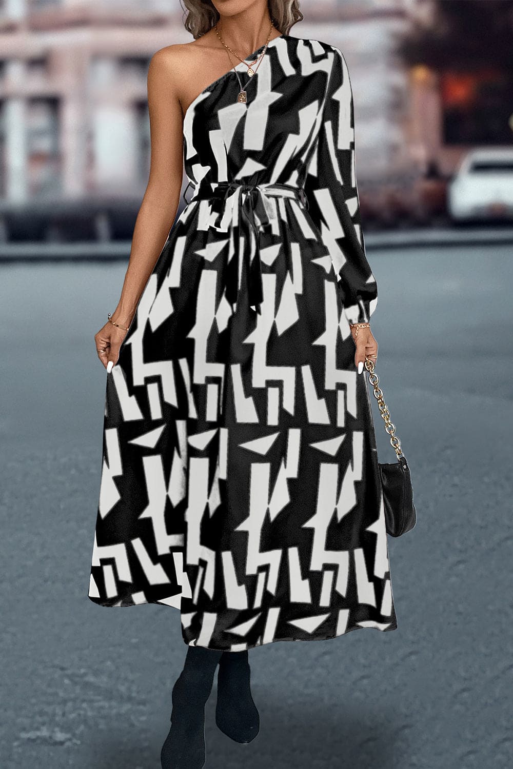 Printed One-Shoulder Tie Waist Dress | Sugarz Chique Boutique