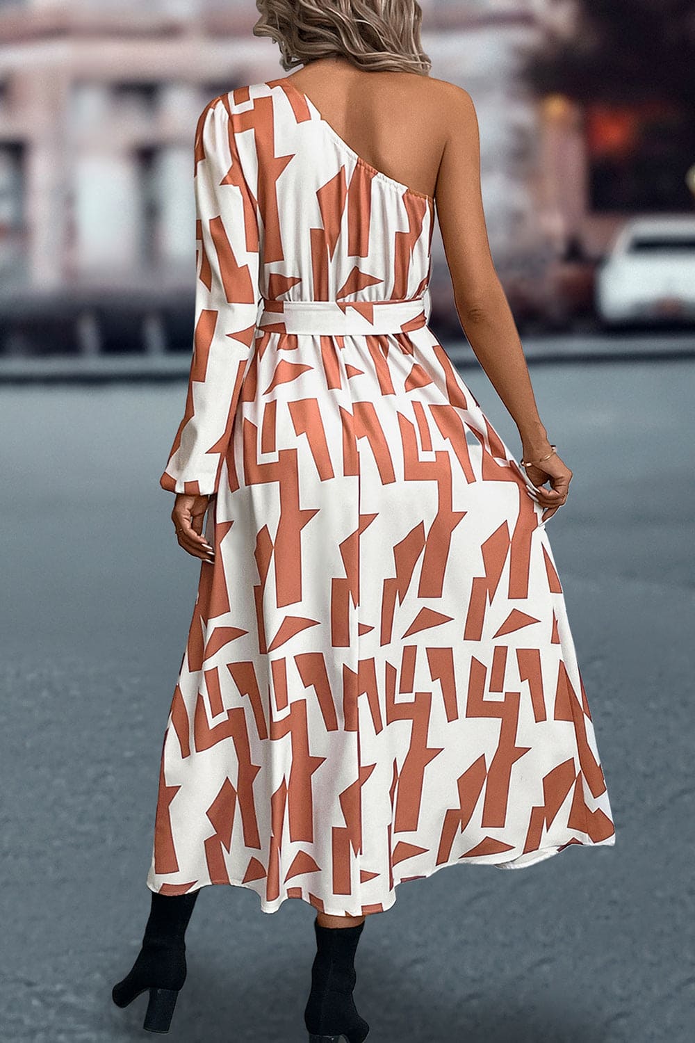 Printed One-Shoulder Tie Waist Dress | Sugarz Chique Boutique