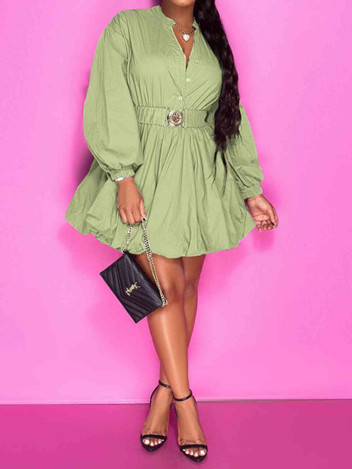 Notched Button Up Balloon Sleeves Dress | Sugarz Chique Boutique