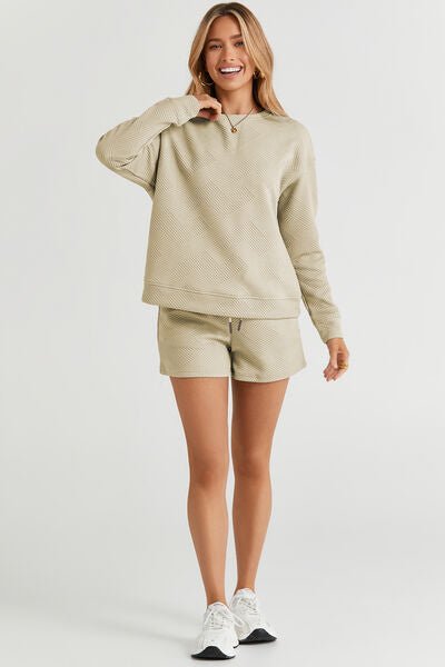 Double Take Full Size Texture Long Sleeve Top and Drawstring Shorts Set | Sugarz Chique Boutique