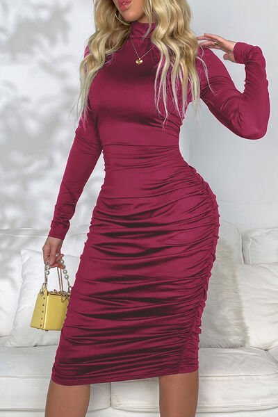 Ruched Mock Neck Long Sleeve Dress | Sugarz Chique Boutique