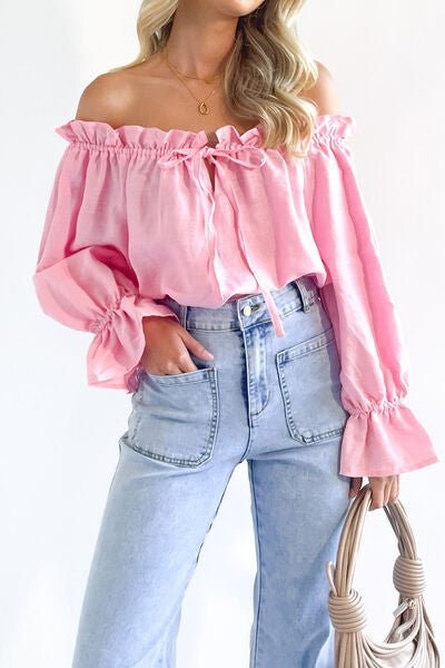 Drawstring Off-Shoulder Flounce Sleeve Blouse | Sugarz Chique Boutique