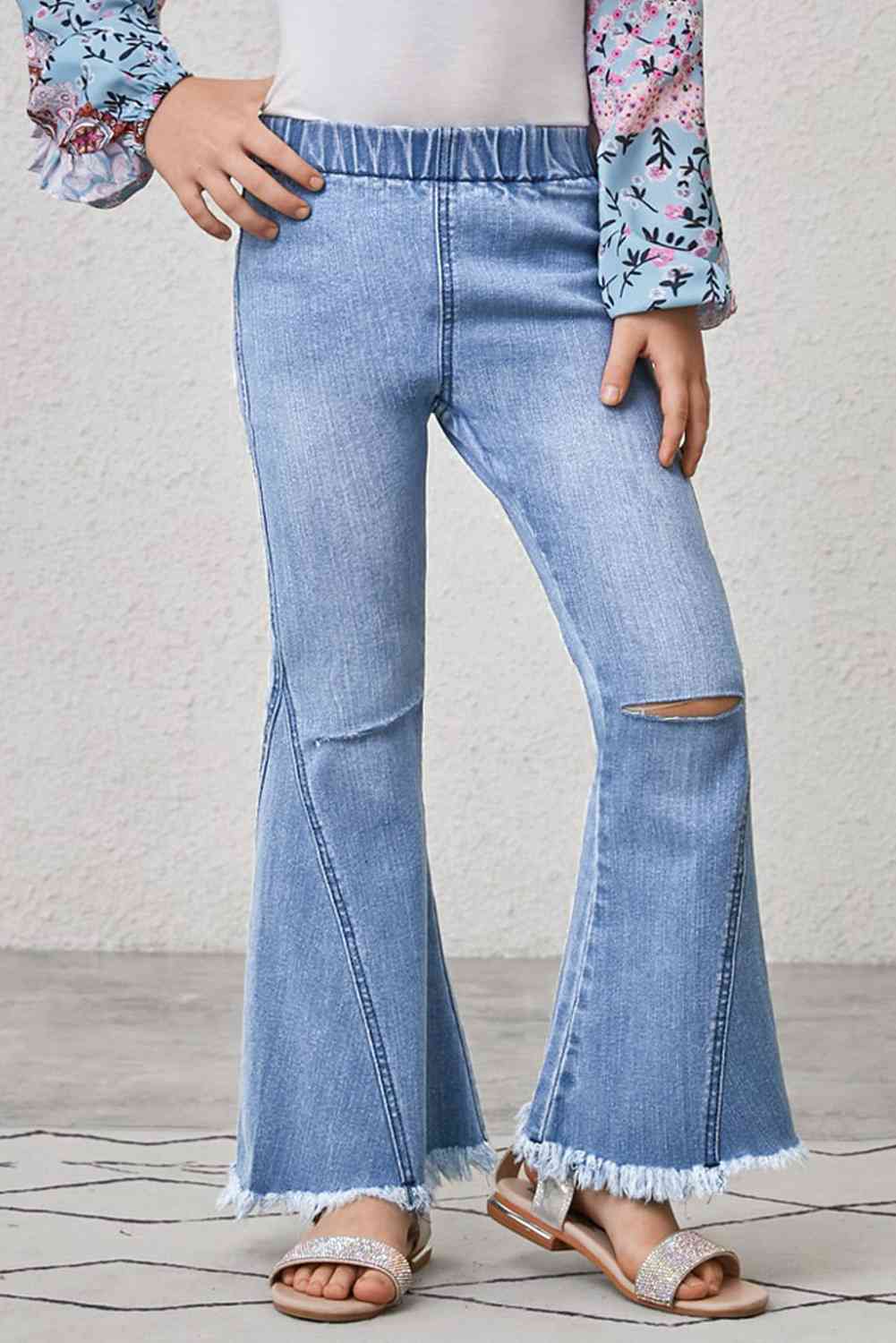 Girls Distressed Frayed Trim Flare Jeans | Sugarz Chique Boutique