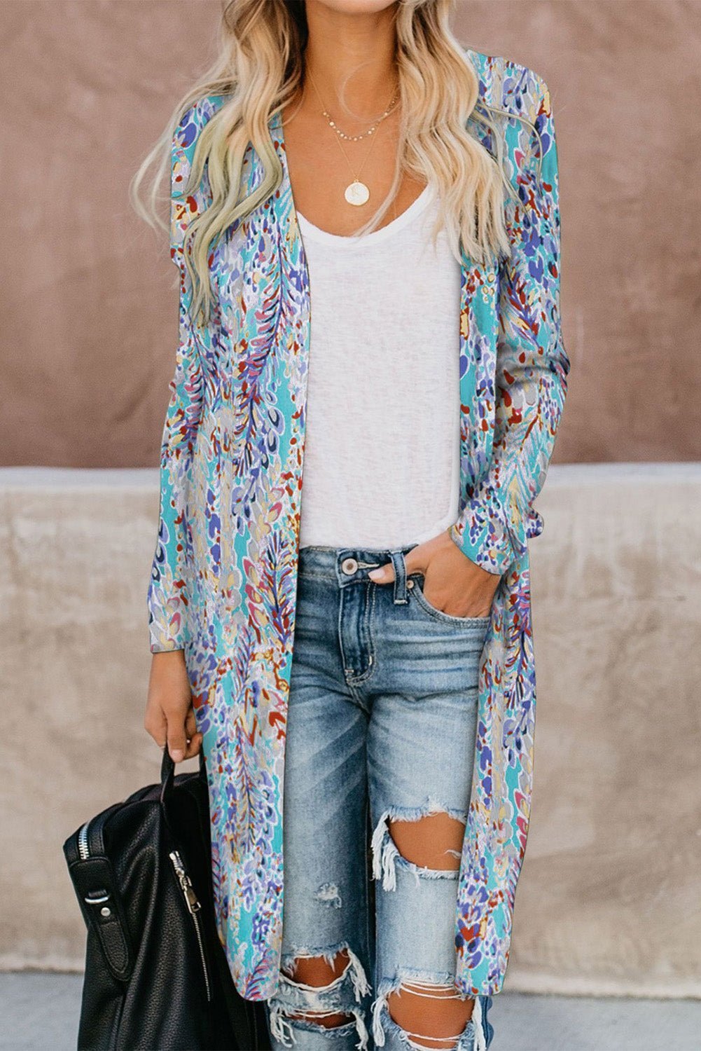 Double Take Printed Open Front Longline Cardigan | Sugarz Chique Boutique