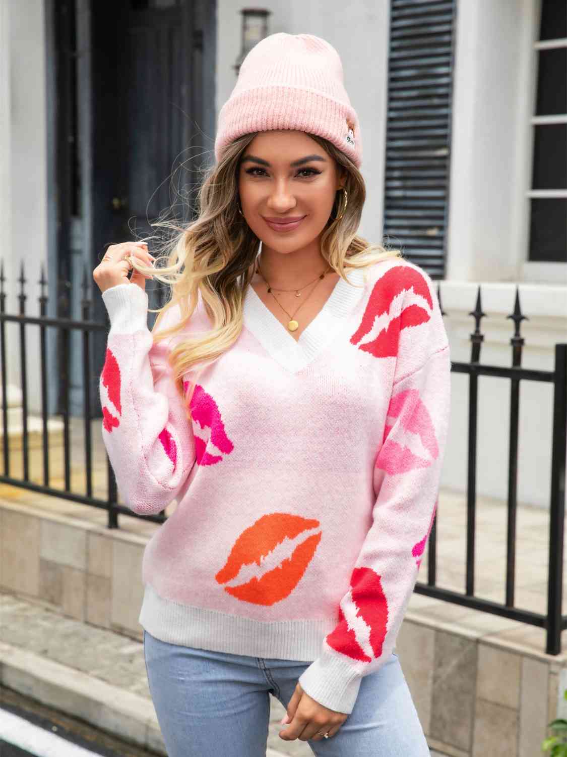 Lip V-Neck Drop Shoulder Sweater | Sugarz Chique Boutique