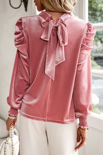 Tie Up Mock Neck Velvet Fabric Long Sleeve Blouse | Sugarz Chique Boutique
