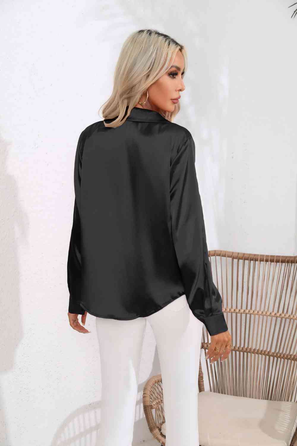 Lapel Collar Button Up Long Sleeve Shirt | Sugarz Chique Boutique
