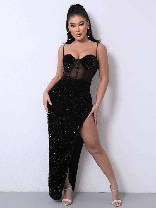 Sequin Spliced Mesh Adjustable Strap Dress | Sugarz Chique Boutique