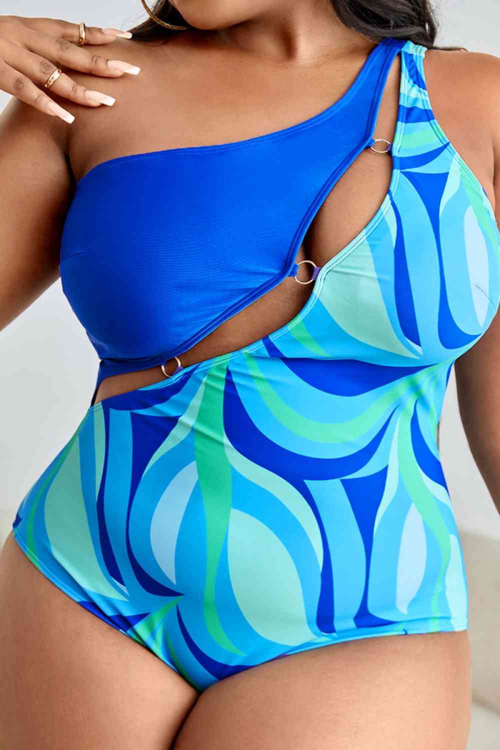 Plus Size Printed Ring Detail One-Shoulder One-Piece Swimsuit | Sugarz Chique Boutique