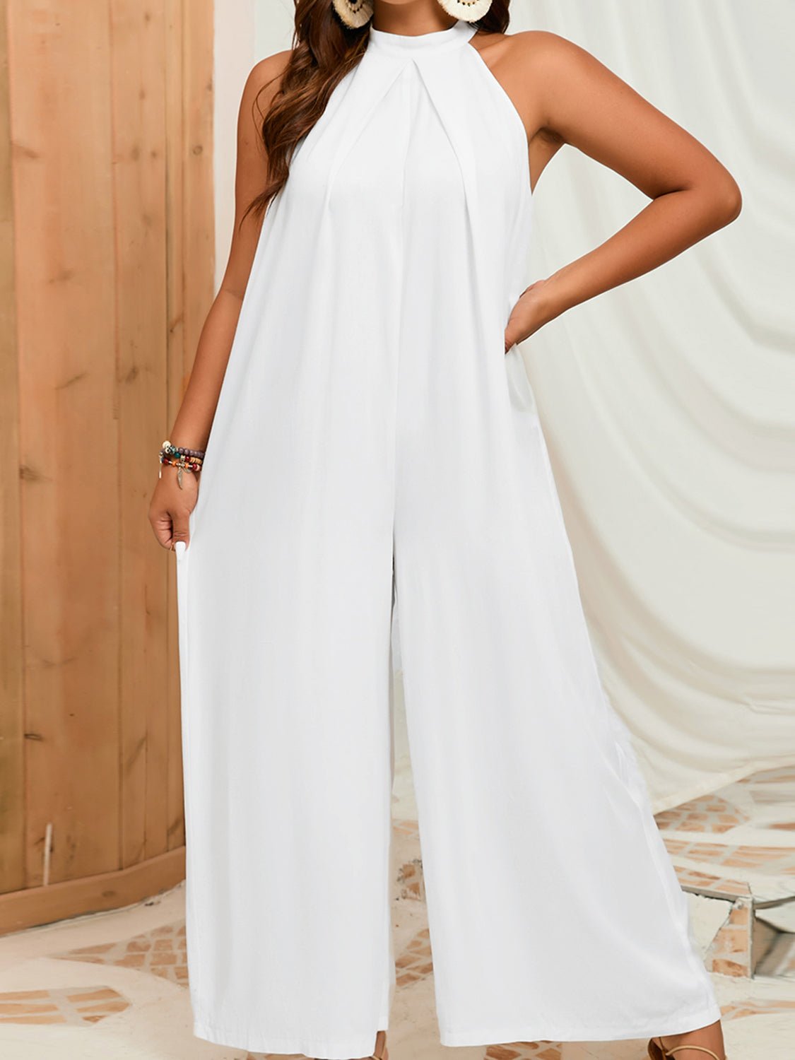 Plus Size Sleeveless Halter Neck Wide Leg Jumpsuit | Sugarz Chique Boutique