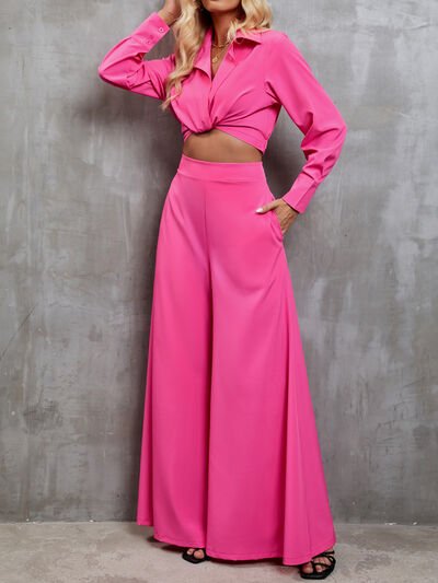 Collared Neck Long Sleeve Top and Wide Leg Pants Set | Sugarz Chique Boutique