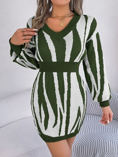 Animal Print V-Neck Long Sleeve Sweater Dress | Sugarz Chique Boutique