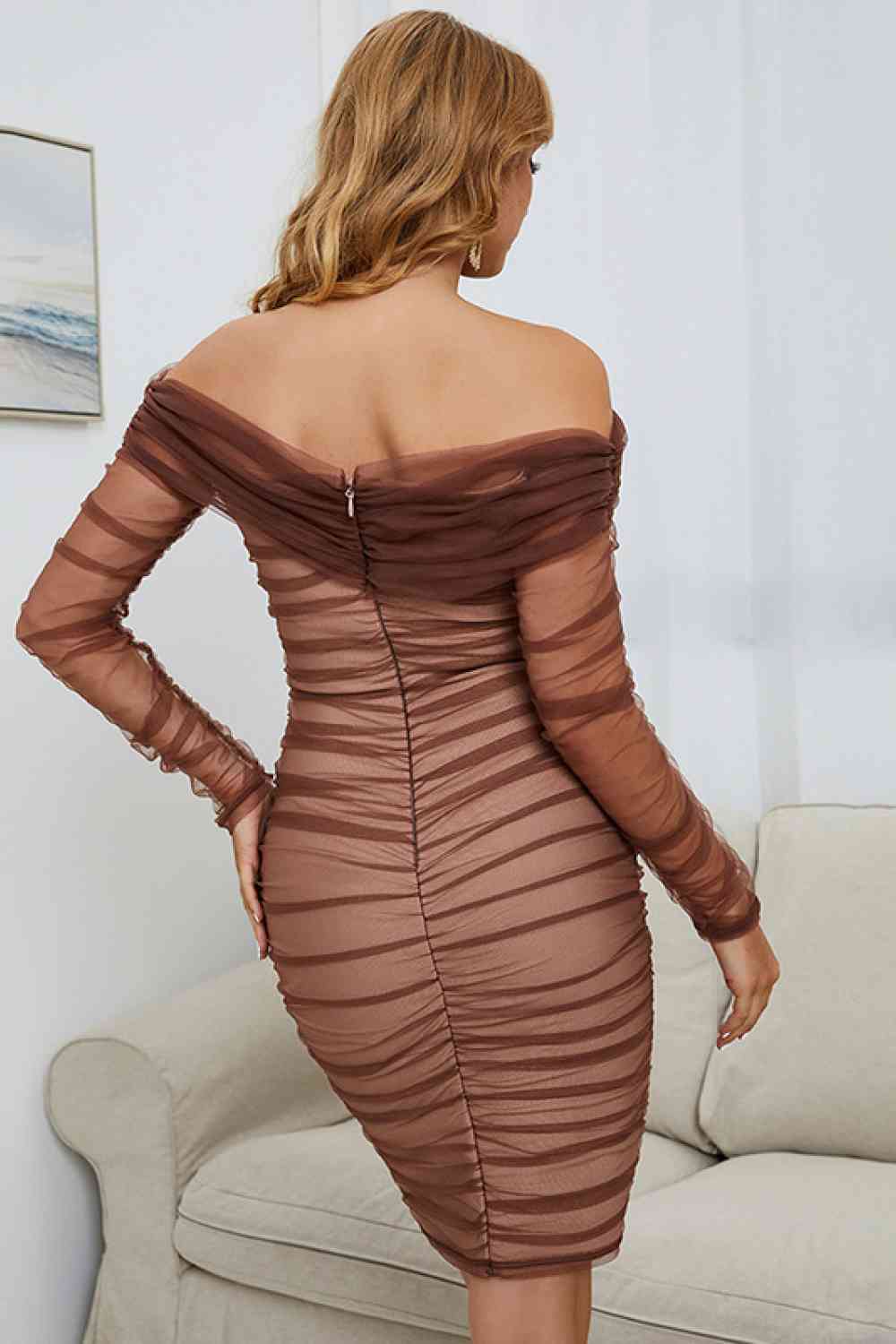 Off-Shoulder Ruched Long Sleeve Tulle Dress | Sugarz Chique Boutique