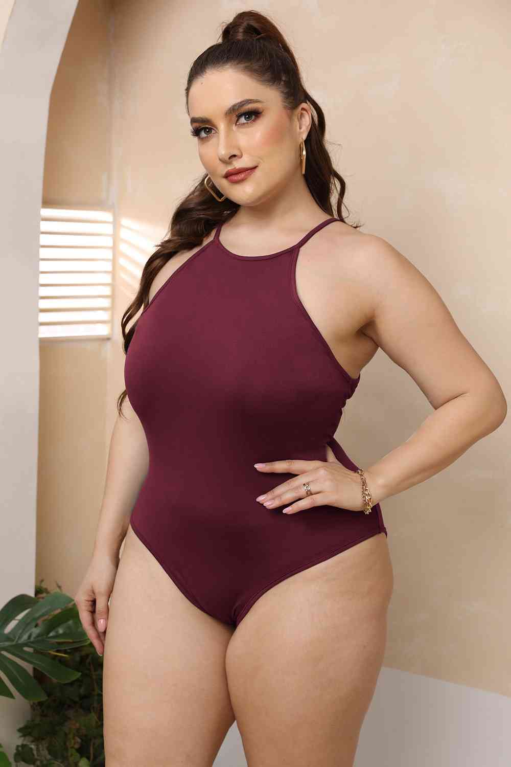 Plus Size Halter Neck Spaghetti Strap Bodysuit | Sugarz Chique Boutique