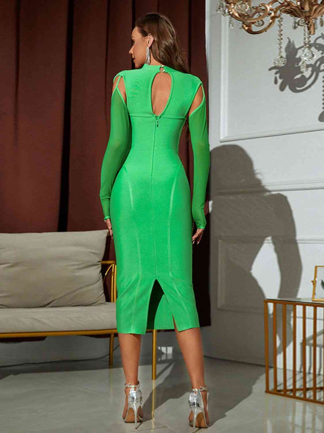 Cold-Shoulder Mesh Sleeve Slit Back Bodycon Dress | Sugarz Chique Boutique