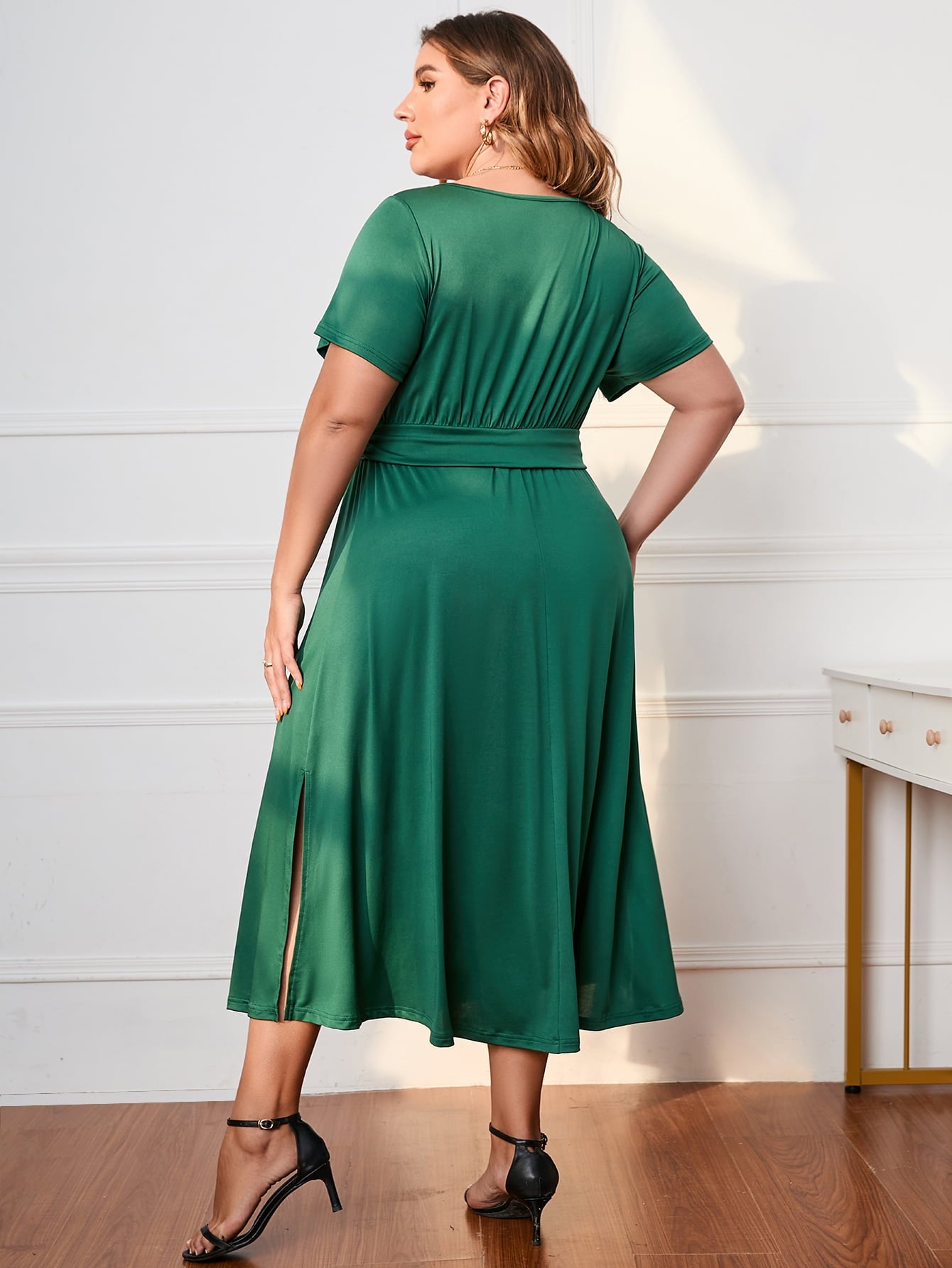 Plus Size Short Sleeve Surplice Neck Midi Dress | Sugarz Chique Boutique