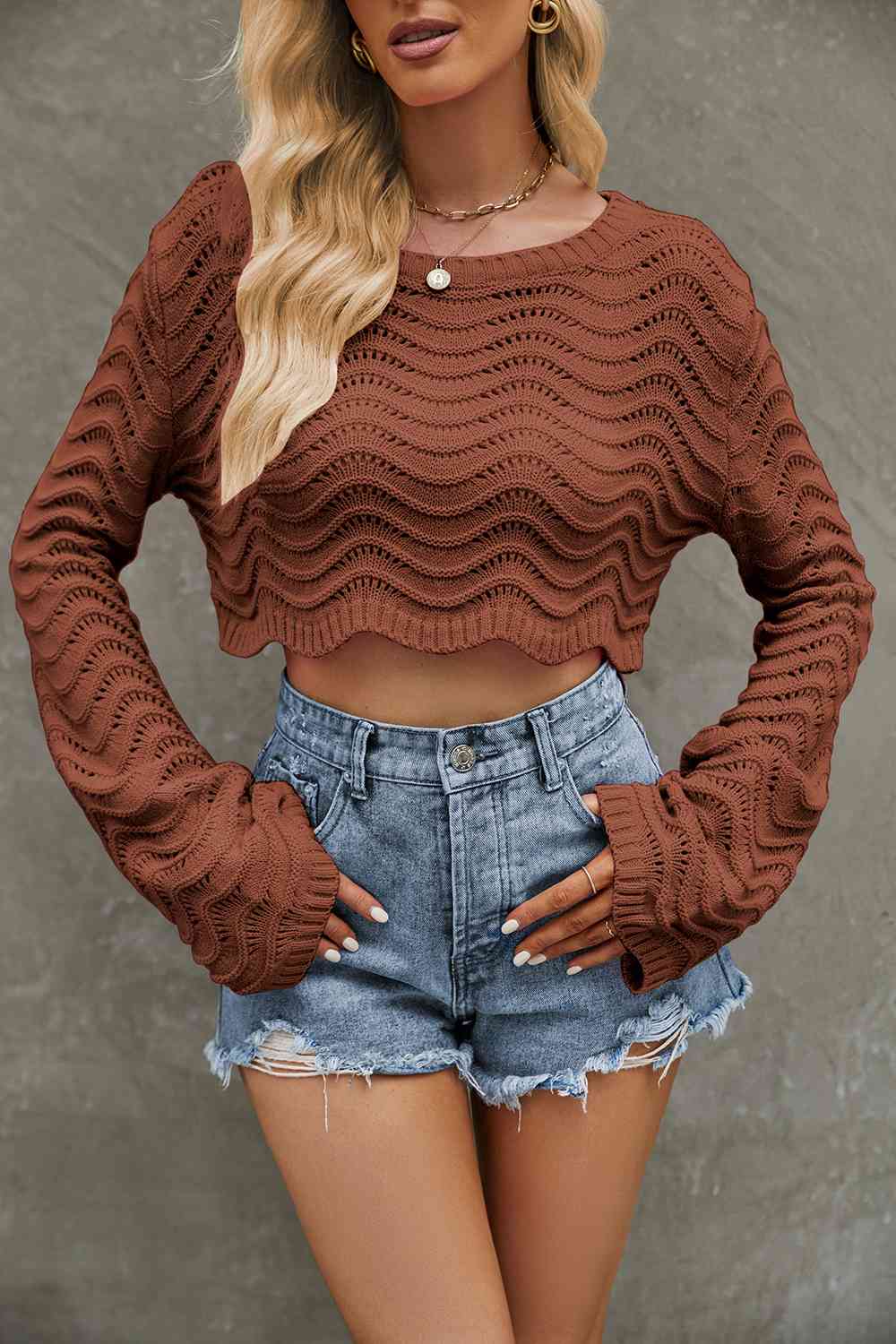 Round Neck Long Sleeve Cropped Sweater | Sugarz Chique Boutique