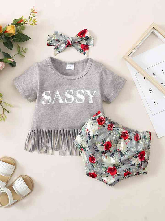 Fringe Detail SASSY Graphic T-Shirt and Floral Print Shorts Set | Sugarz Chique Boutique