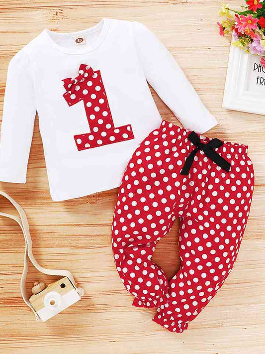 Round Neck Number One Graphic T-shirt and Polka Dot Pants Set | Sugarz Chique Boutique