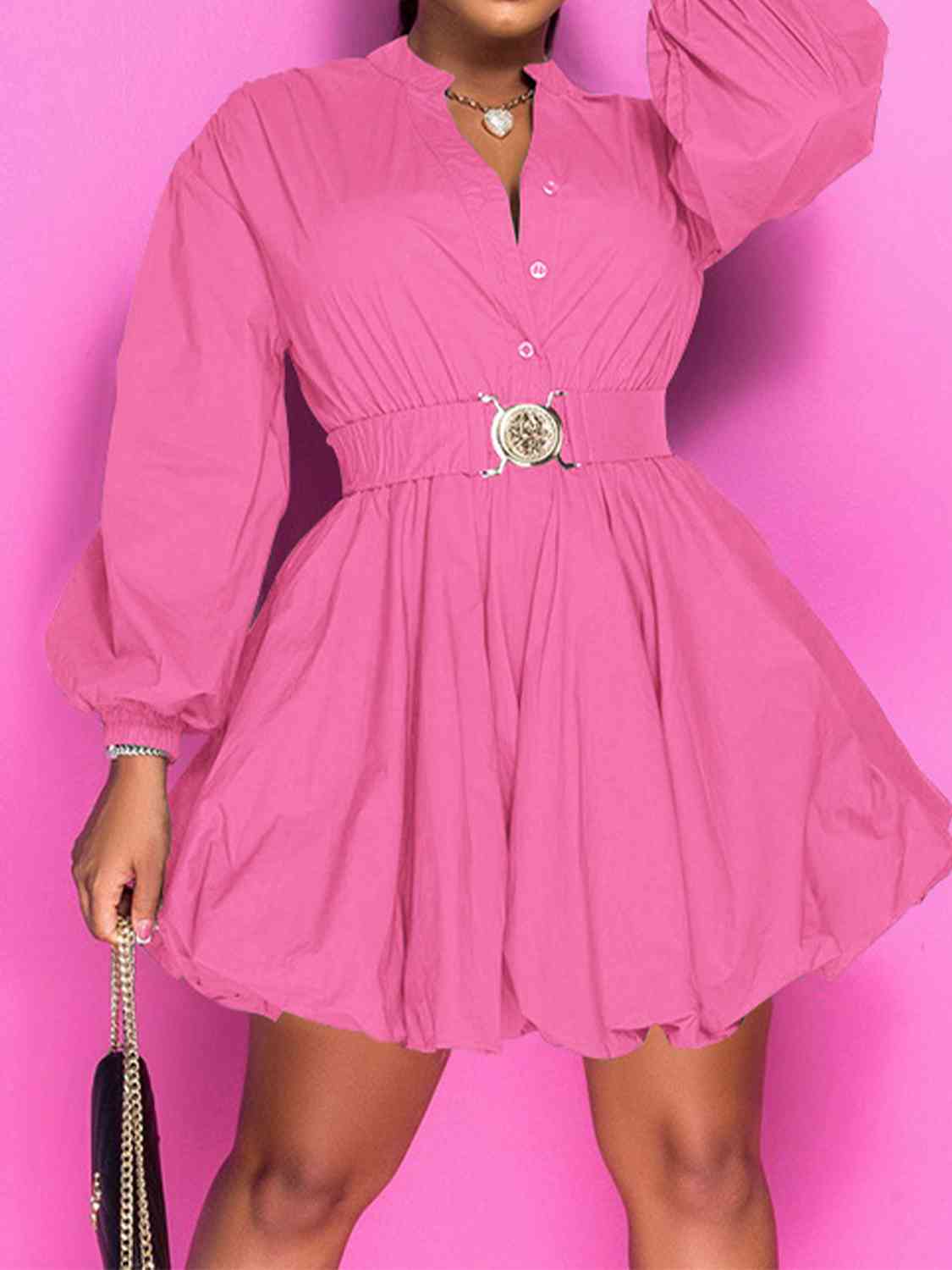 Notched Button Up Balloon Sleeves Dress | Sugarz Chique Boutique