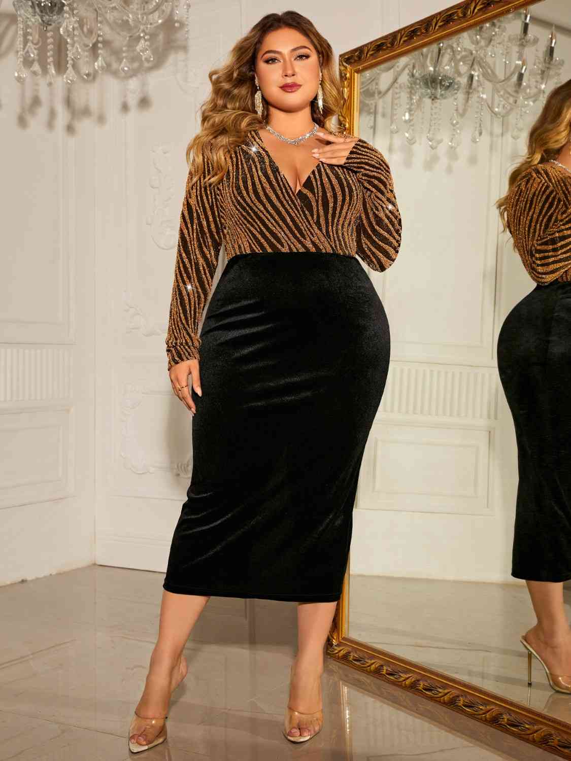 Plus Size Surplice Neck Long Sleeve Slit Dress | Sugarz Chique Boutique
