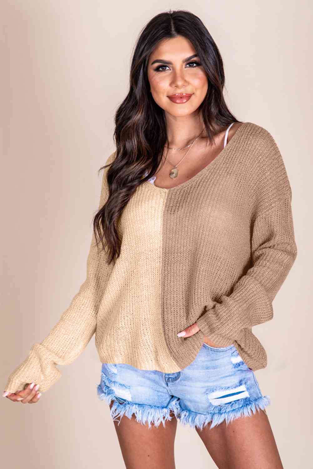 Contrast Color V-Neck Long Sleeve Pullover Sweater | Sugarz Chique Boutique