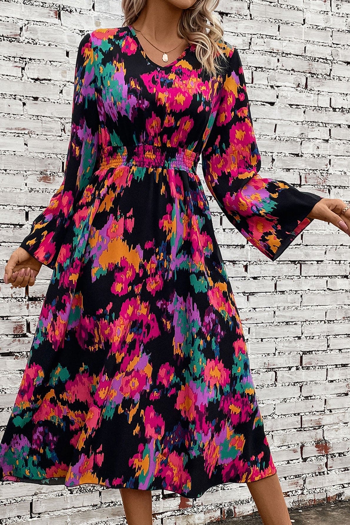 Printed Smocked Waist Midi Dress | Sugarz Chique Boutique