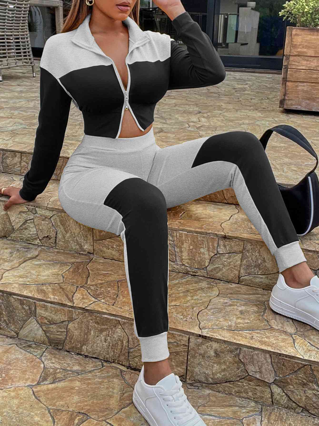 Two-Tone Collared Neck Top and Joggers Set | Sugarz Chique Boutique