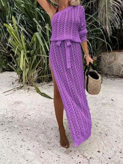 Slit Openwork Single Shoulder Knit Dress | Sugarz Chique Boutique