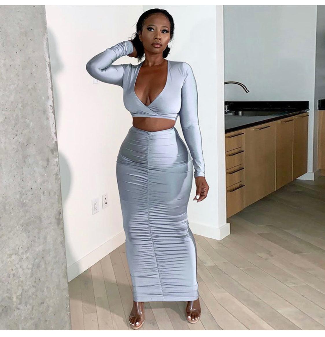 Long-sleeve Crop Top and Ruched Maxi Skirt Set - Sugarz Chique Boutique